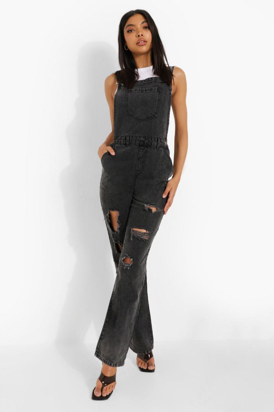 שחור דהוי אוברול מבד ג'ינס אסיד ווש לנשים גבוהות image number 1