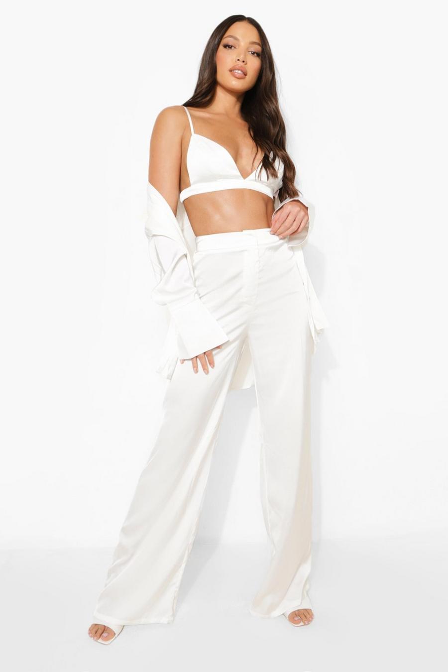 Ivory Tall Satin Bralet Shirt Trouser Co-Ord image number 1