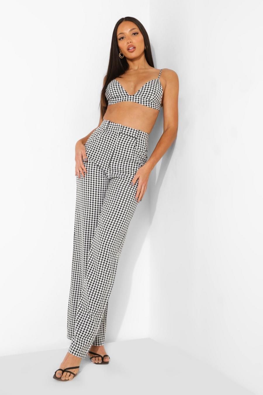 Black Tall Gingham Bralet Wide Trouser Co-Ord image number 1