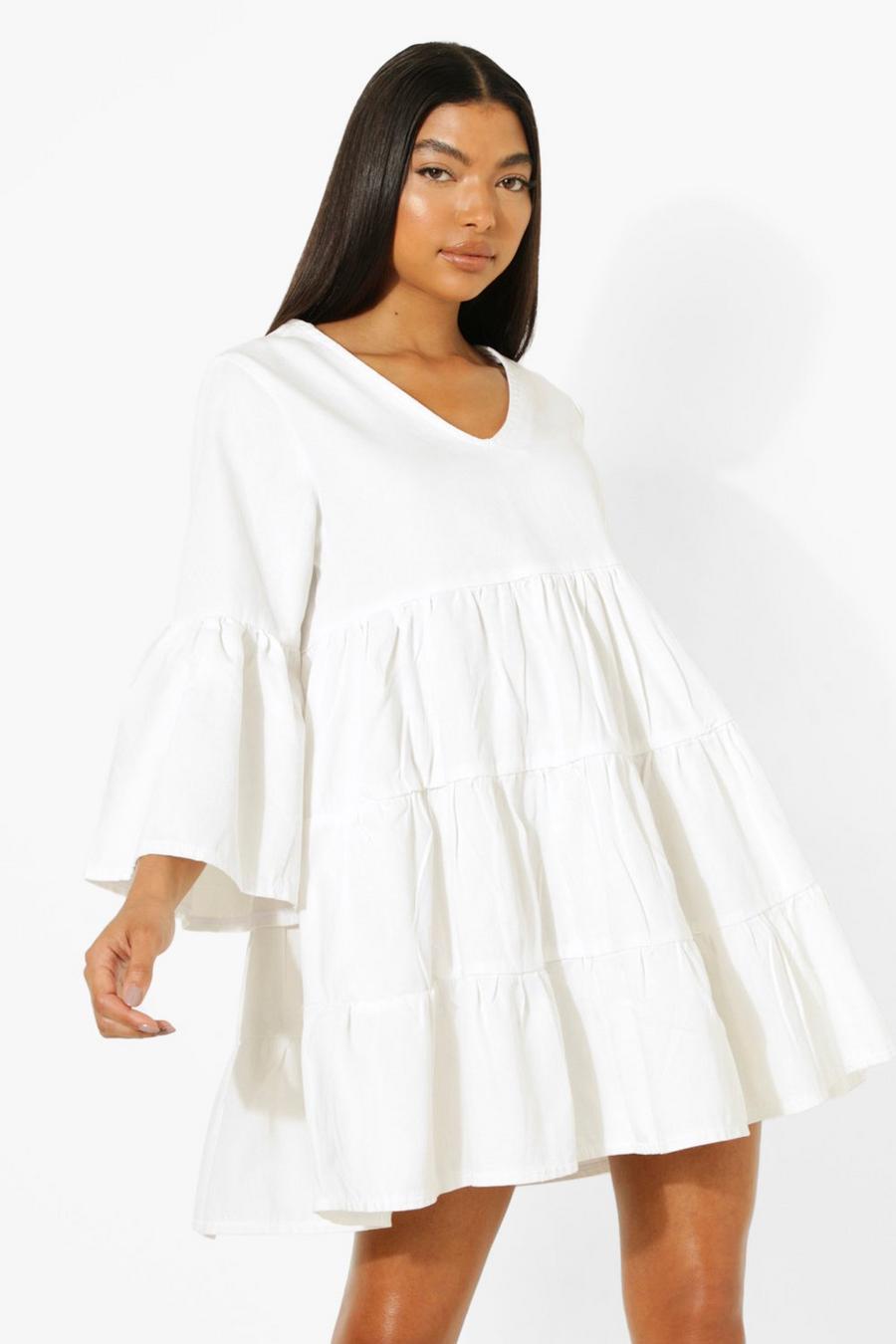 White Tall Flared Sleeve Denim Smock Dress image number 1