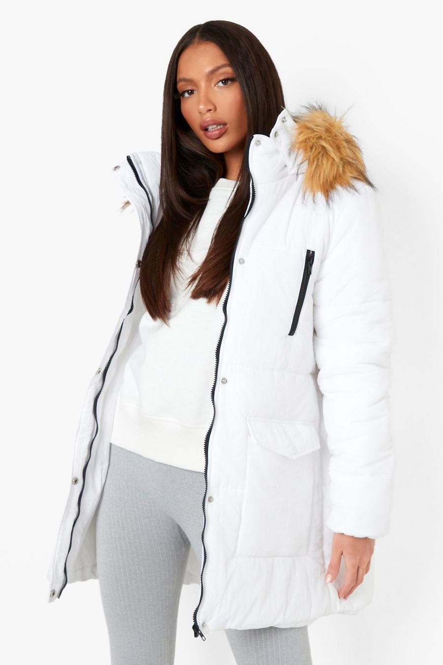 White Tall Faux Fur Hooded Parka Coat image number 1