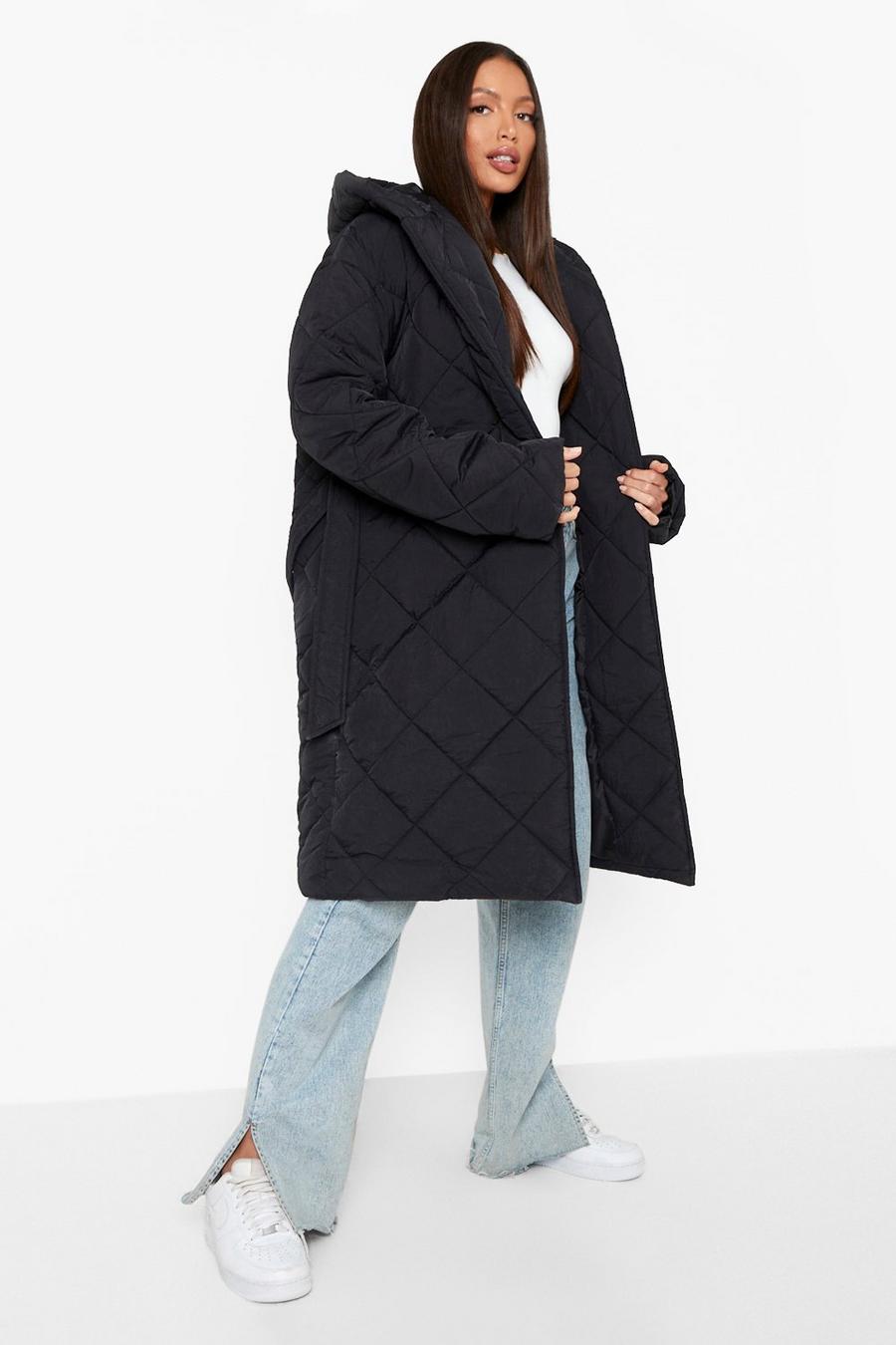 Black Tall Diamond Quilted Belted Puffer Jacket image number 1