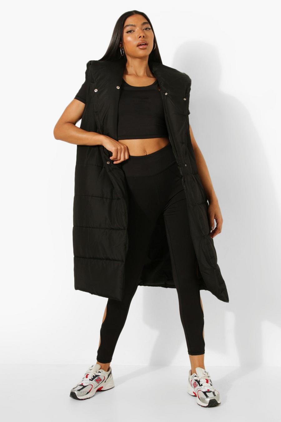 Black Tall Hooded Longline Puffer Gilet image number 1