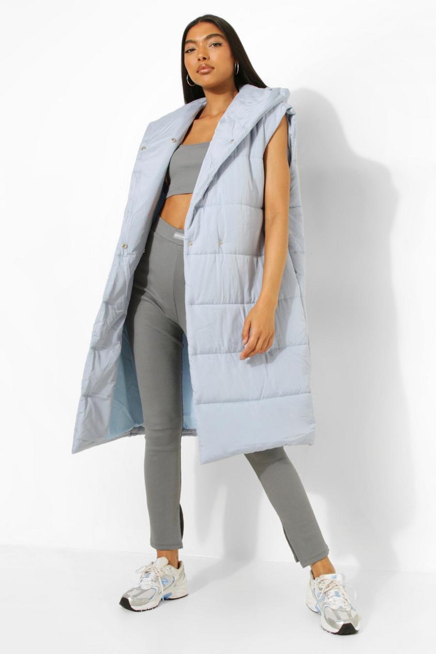 Blue Tall Hooded Longline Puffer Gilet image number 1