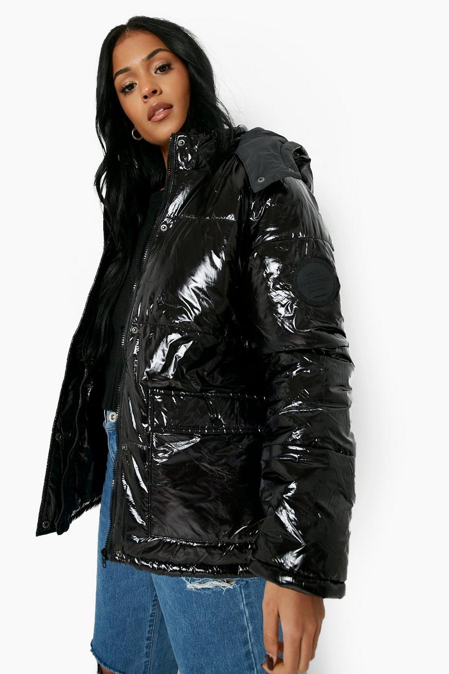 Black Tall Reflective Hood Puffer Coat image number 1