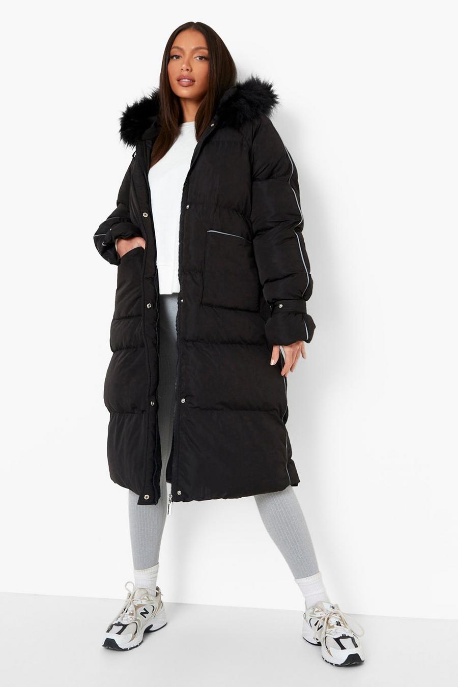 Black Tall Faux Fur Trim Reflective Puffer Jacket image number 1