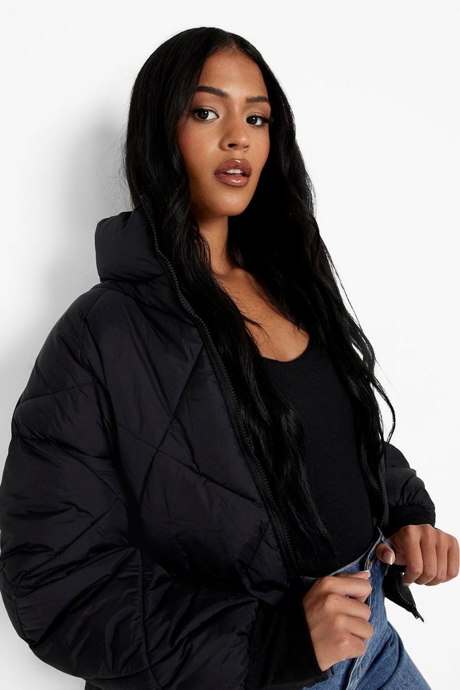 Black Tall Diamond Quilt Funnel Neck Puffer Jacket image number 1