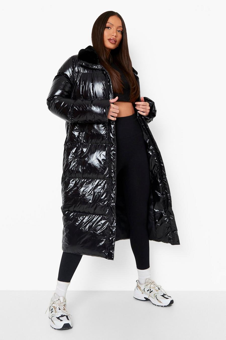 Black Tall High Shine Faux Fur Trim Puffer Jacket