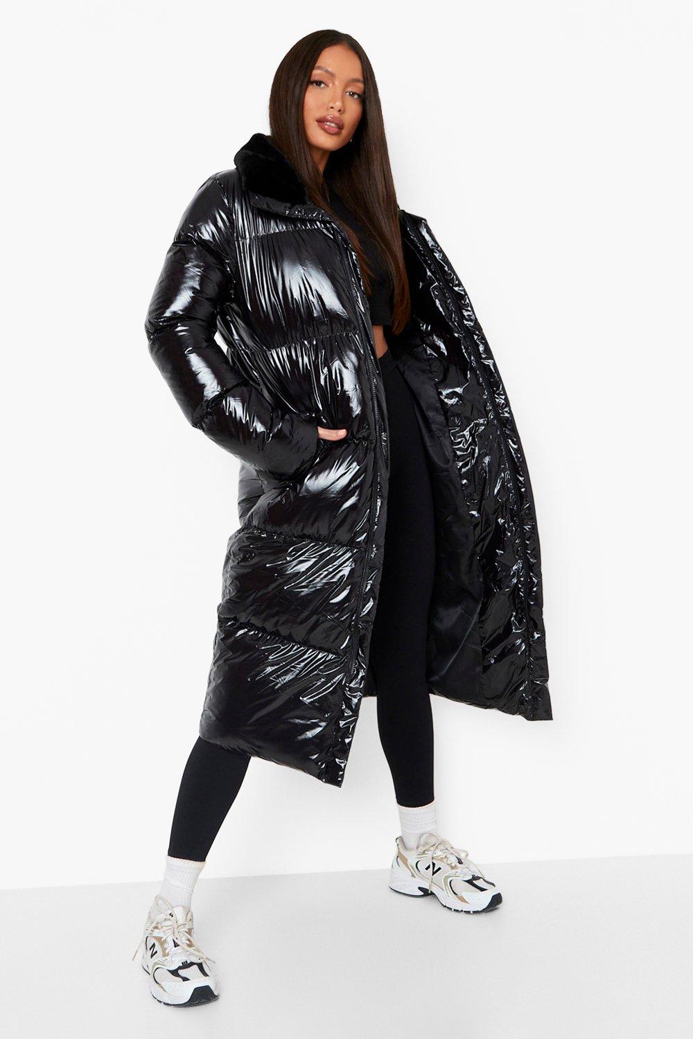 Boohoo black 2024 shiny coat