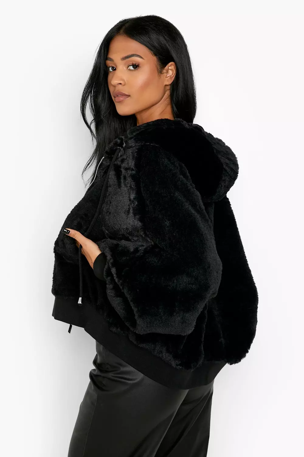 Black faux fur hooded bomber outlet jacket