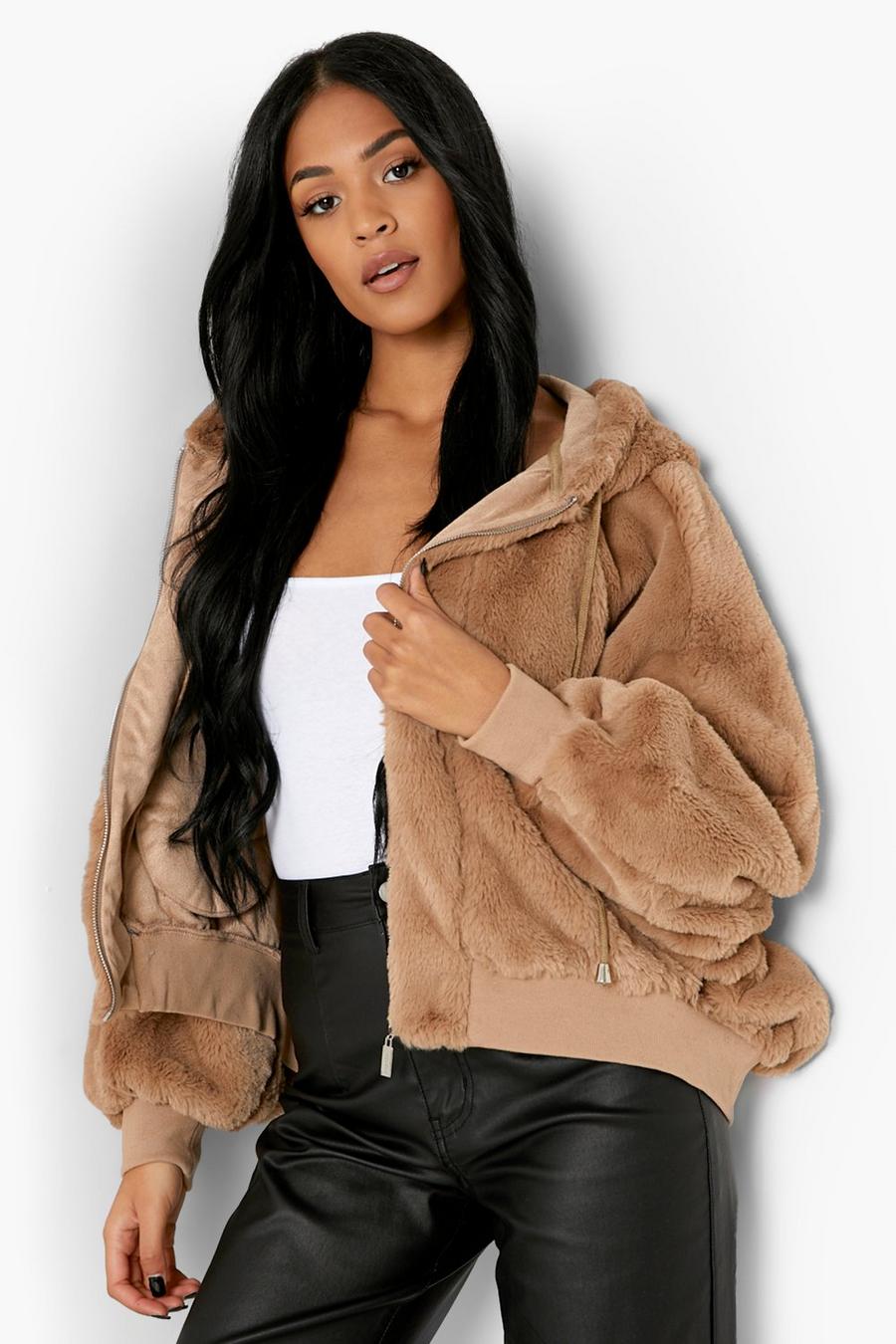 Charcoal Tall Faux Fur Oversized Hooded Bomber Jacket image number 1