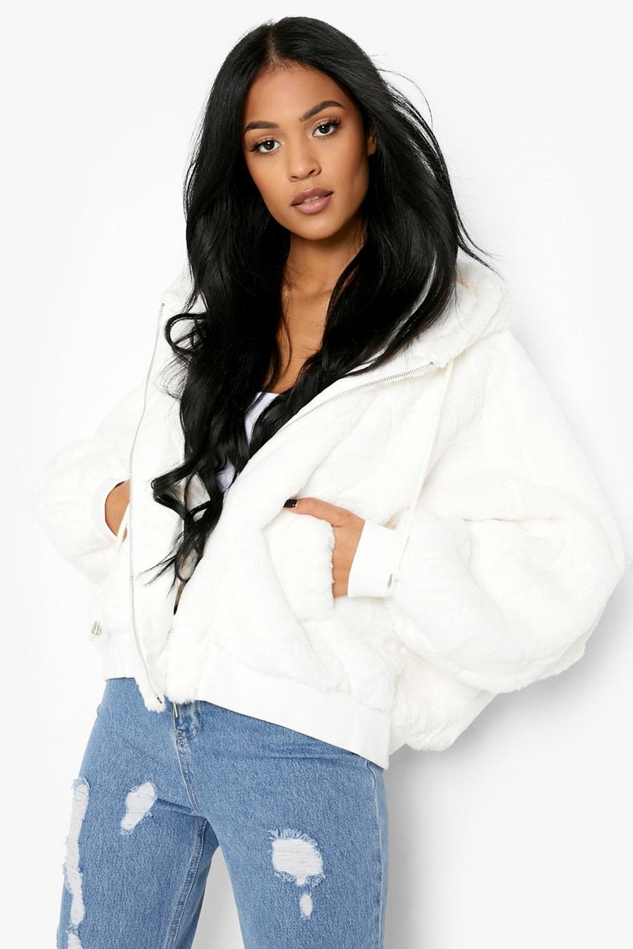Cream Tall Faux Fur Oversized Hooded Bomber Jacket image number 1