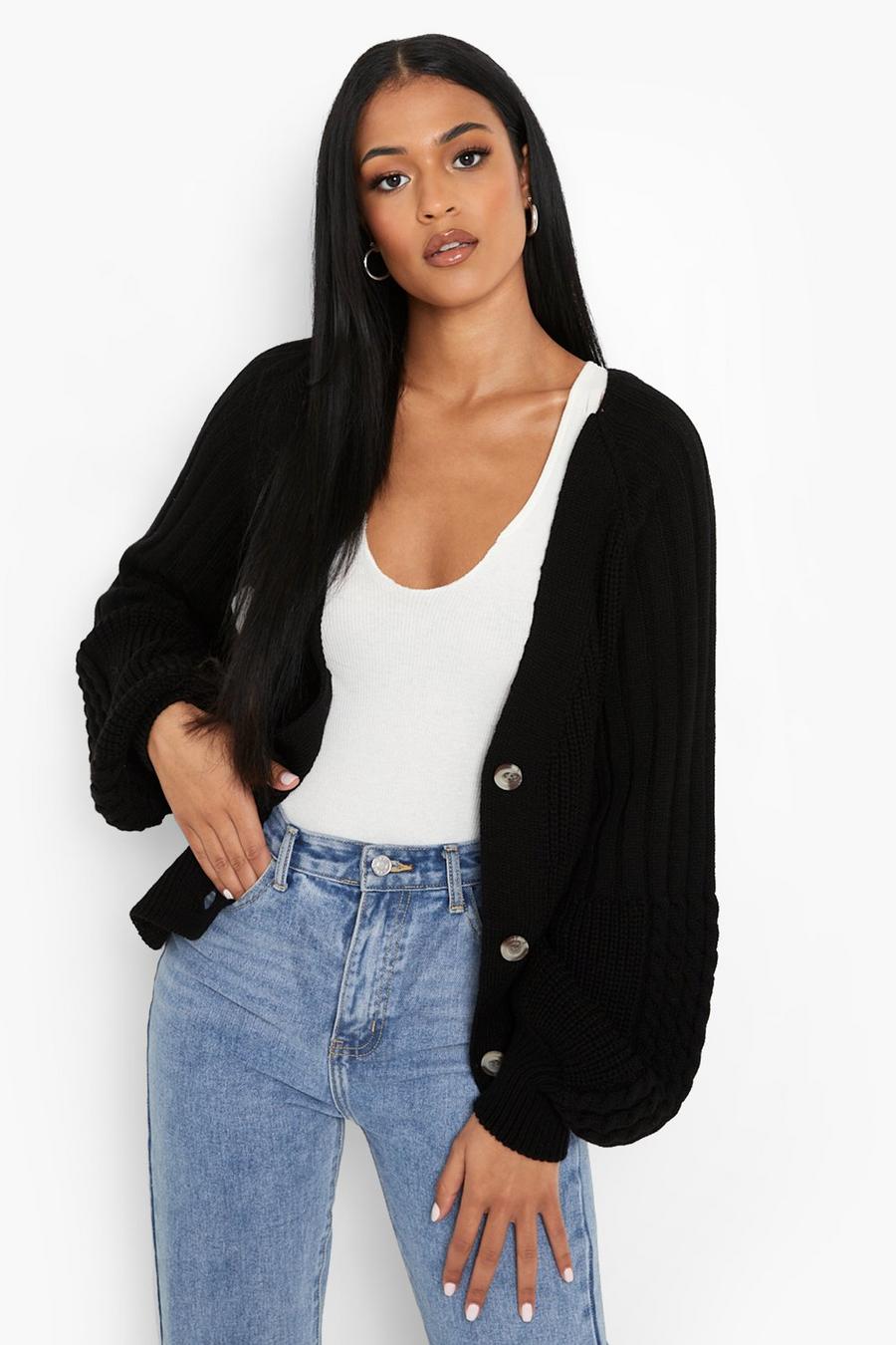 Black Tall Mixed Stitch Puff Sleeve Cardigan image number 1