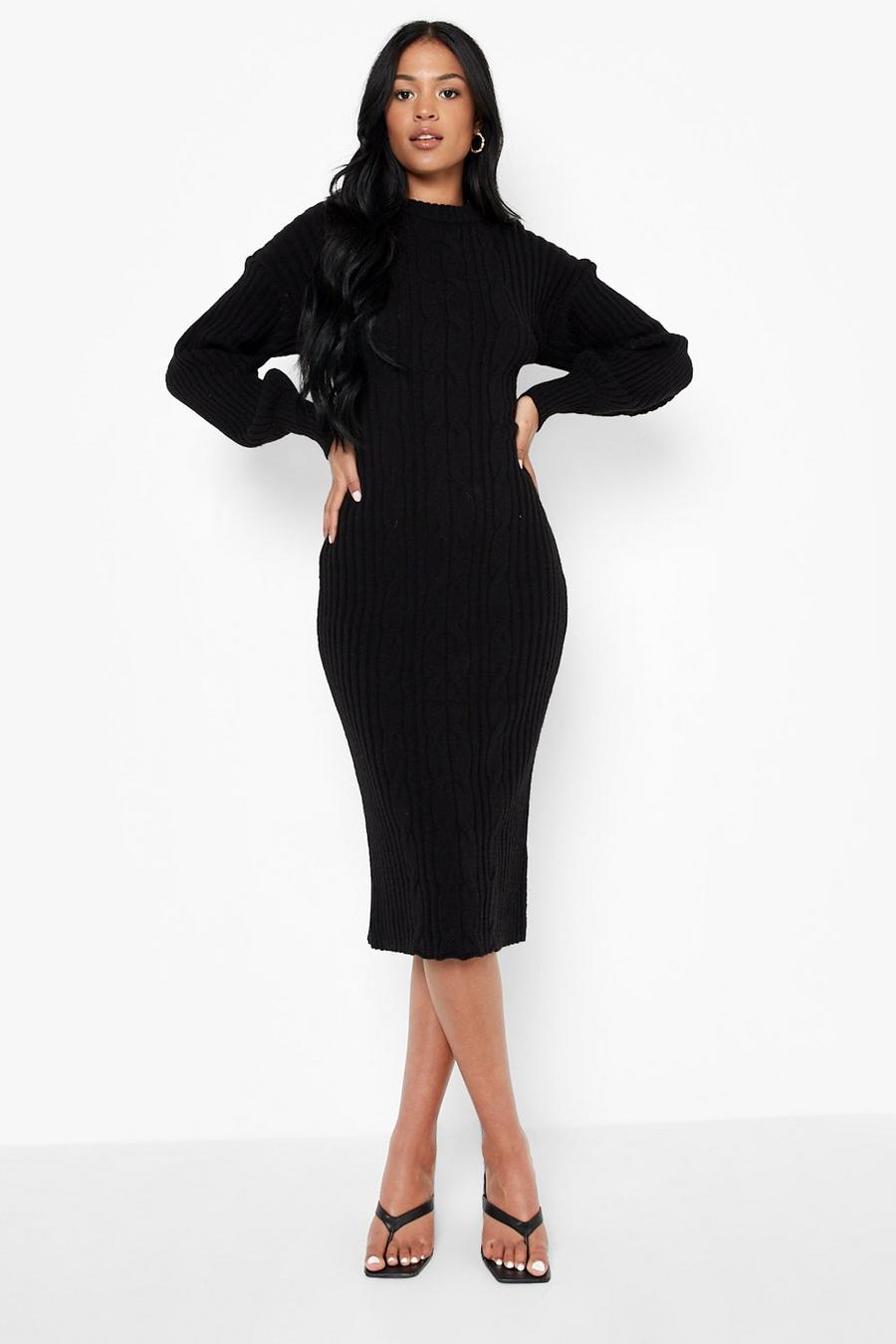 Black Tall Balloon Sleeve Cable Knit Midi Dress image number 1