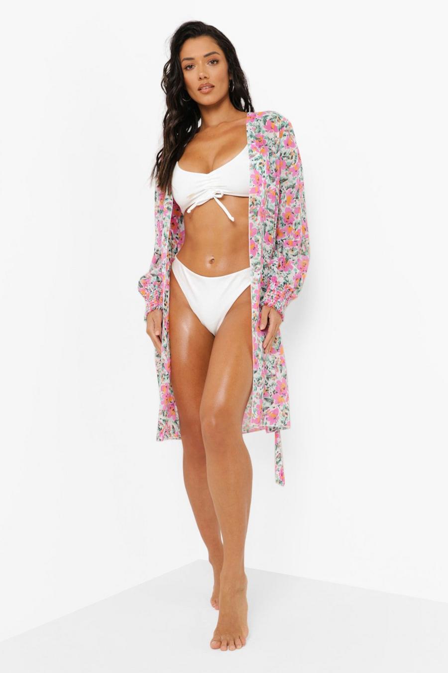 Ivory Tall Floral Shirred Cuff Kimono image number 1