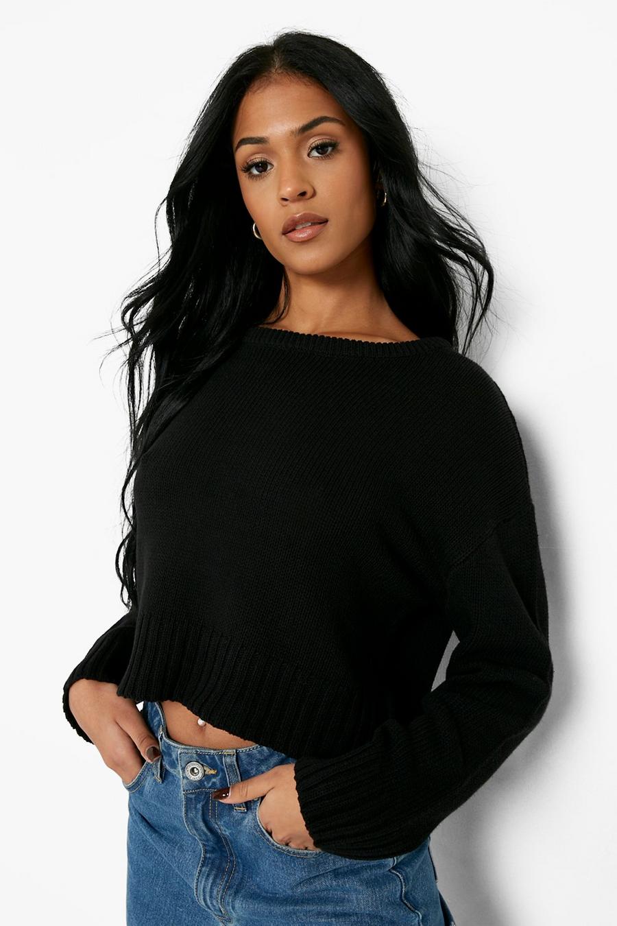 שחור סוודר קרופ מבד ממוחזר, לנשים גבוהות image number 1