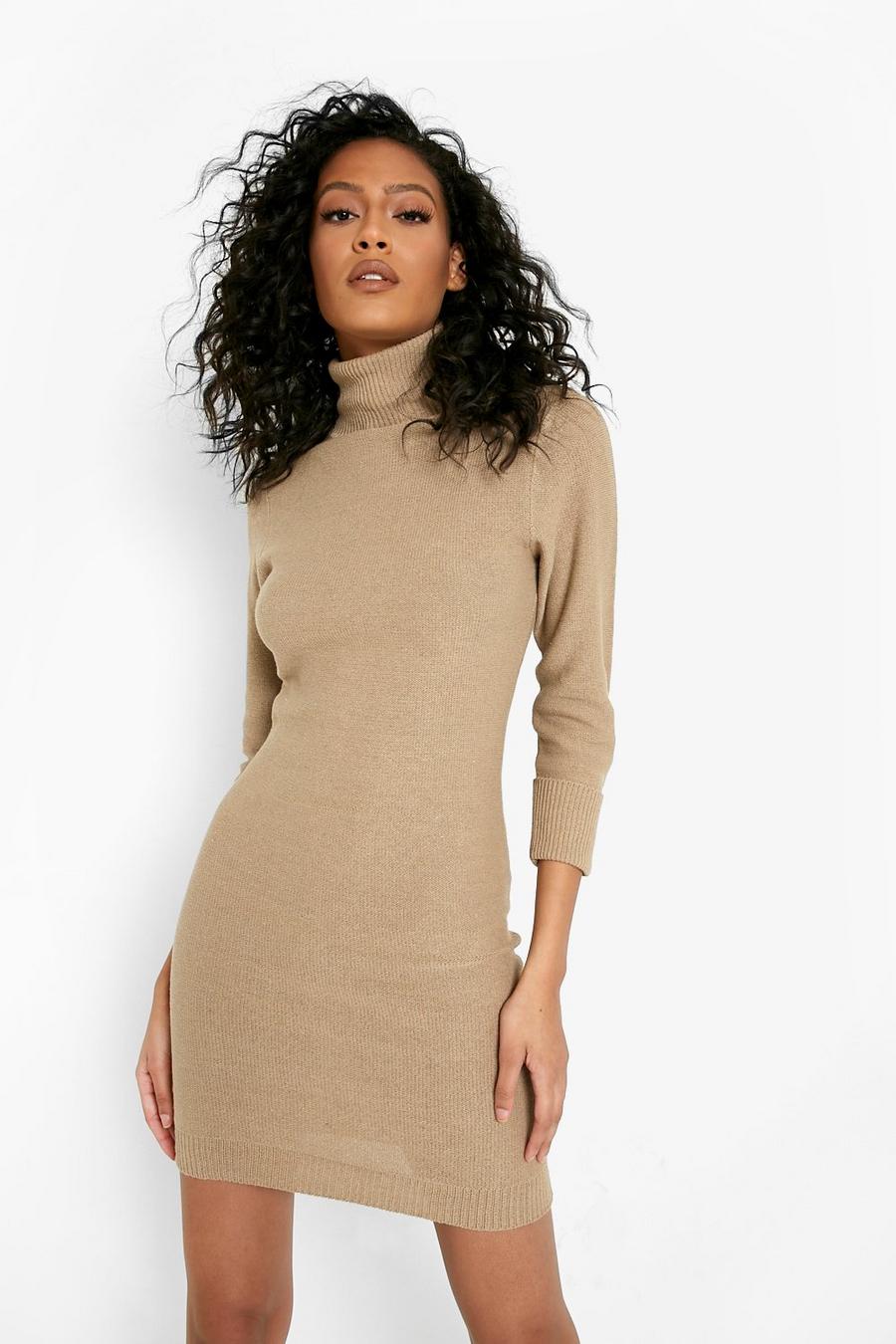 Camel beige Tall Recycled Turtleneck Knitted Mini Dress