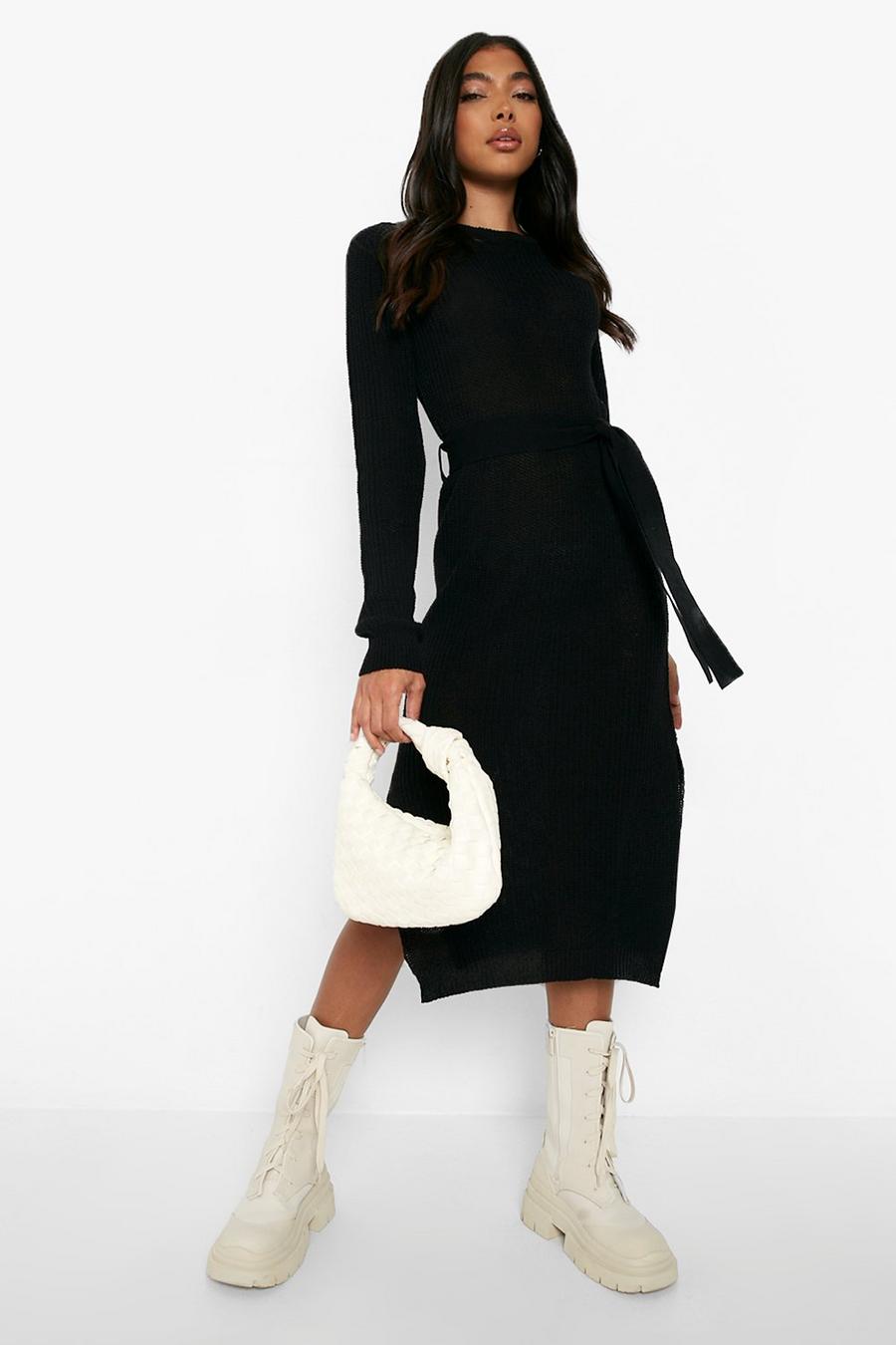 Black Tall Belted Knitted Midi Dress image number 1
