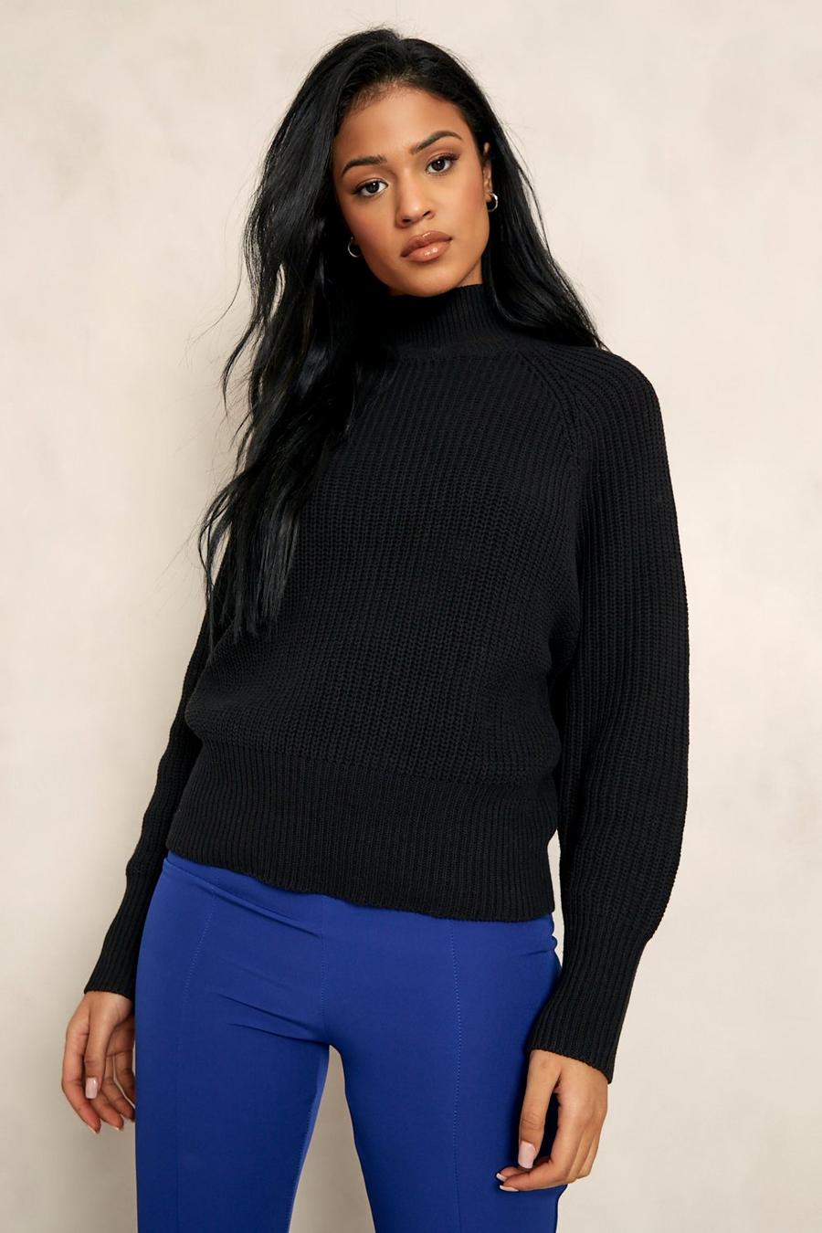 שחור סוודר מבד ממוחזר עם צווארון גולף לנשים גבוהות  image number 1