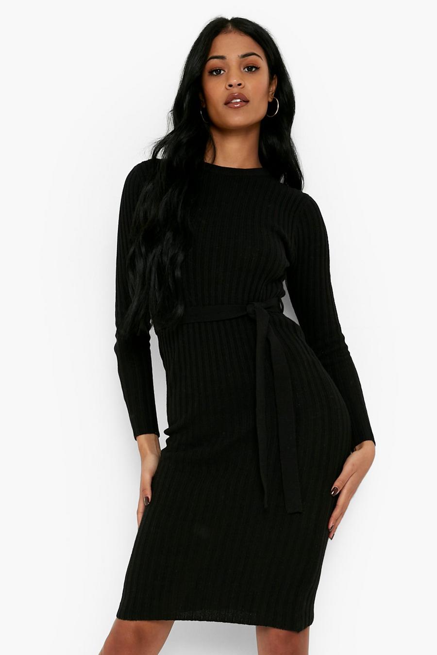 Black Tall Recycled Belted Rib Knit Dress