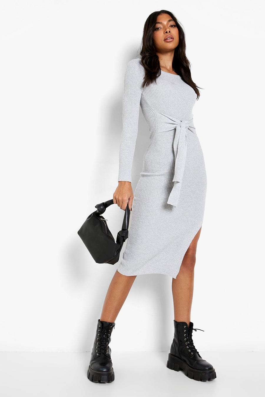Grey שמלת מידי מבד ממוחזר דק ועדין עם חגורה, לנשים גבוהות image number 1