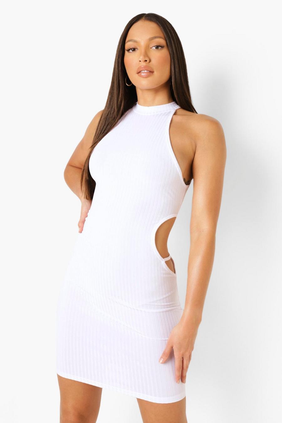 לבן שמלת מיני מבד ממוחזר עם חתכים בצד לנשים גבוהות image number 1