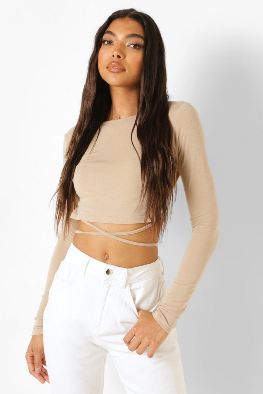 Taupe Tall Tie Waist Detail Crop Top image number 1