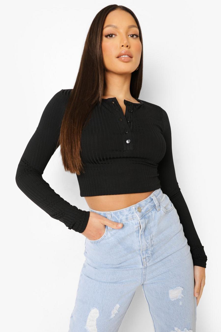 Black Tall Button Notch Neck Crop Top image number 1