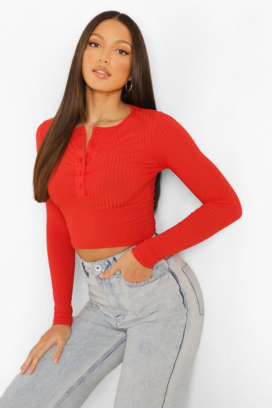 Red Tall Button Notch Neck Crop Top image number 1