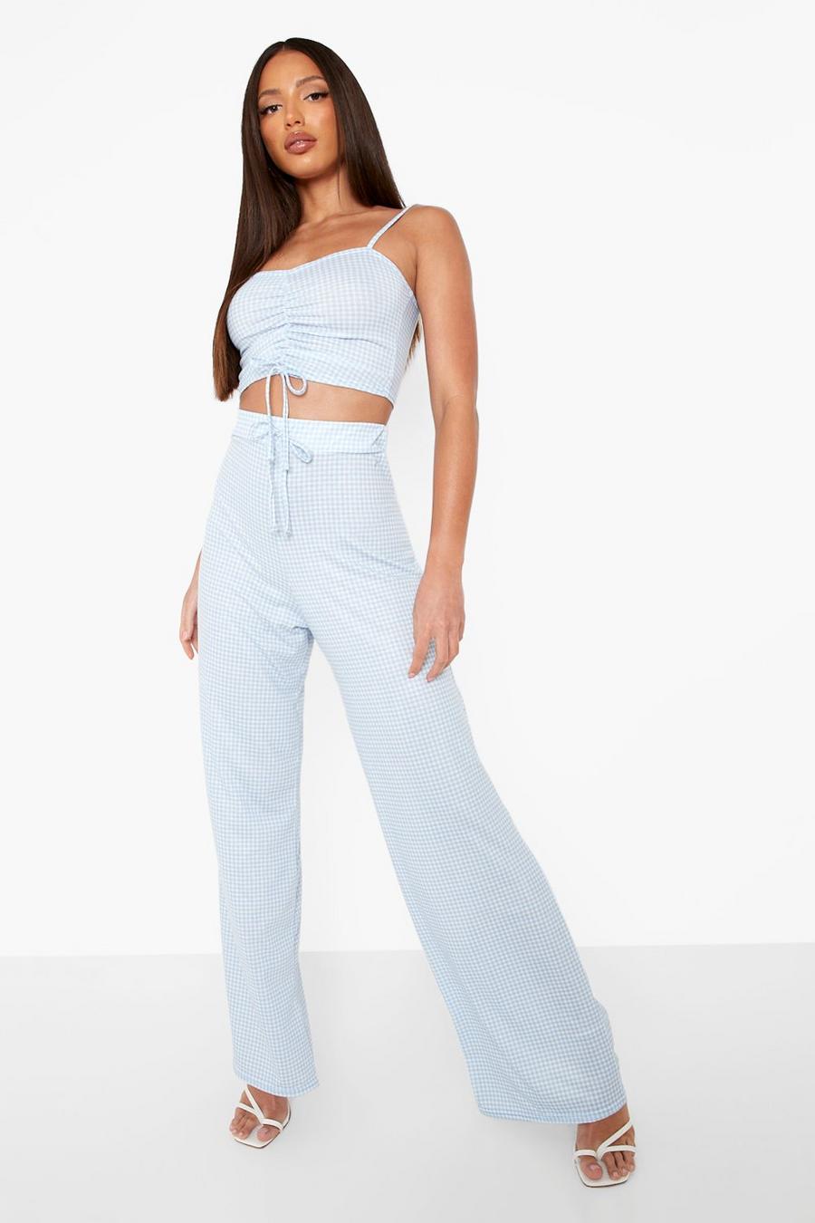 Cornflower blue blau Tall Crop Top And Wide Leg Trouser Co-Ord image number 1
