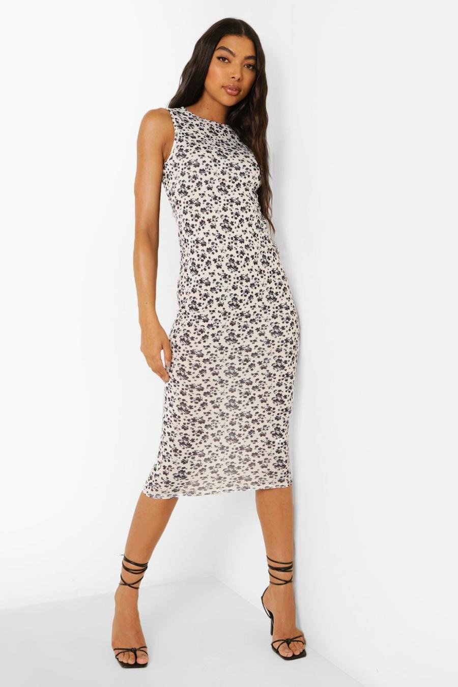 White Tall Tie Back Ditsy Print Midi Dress image number 1