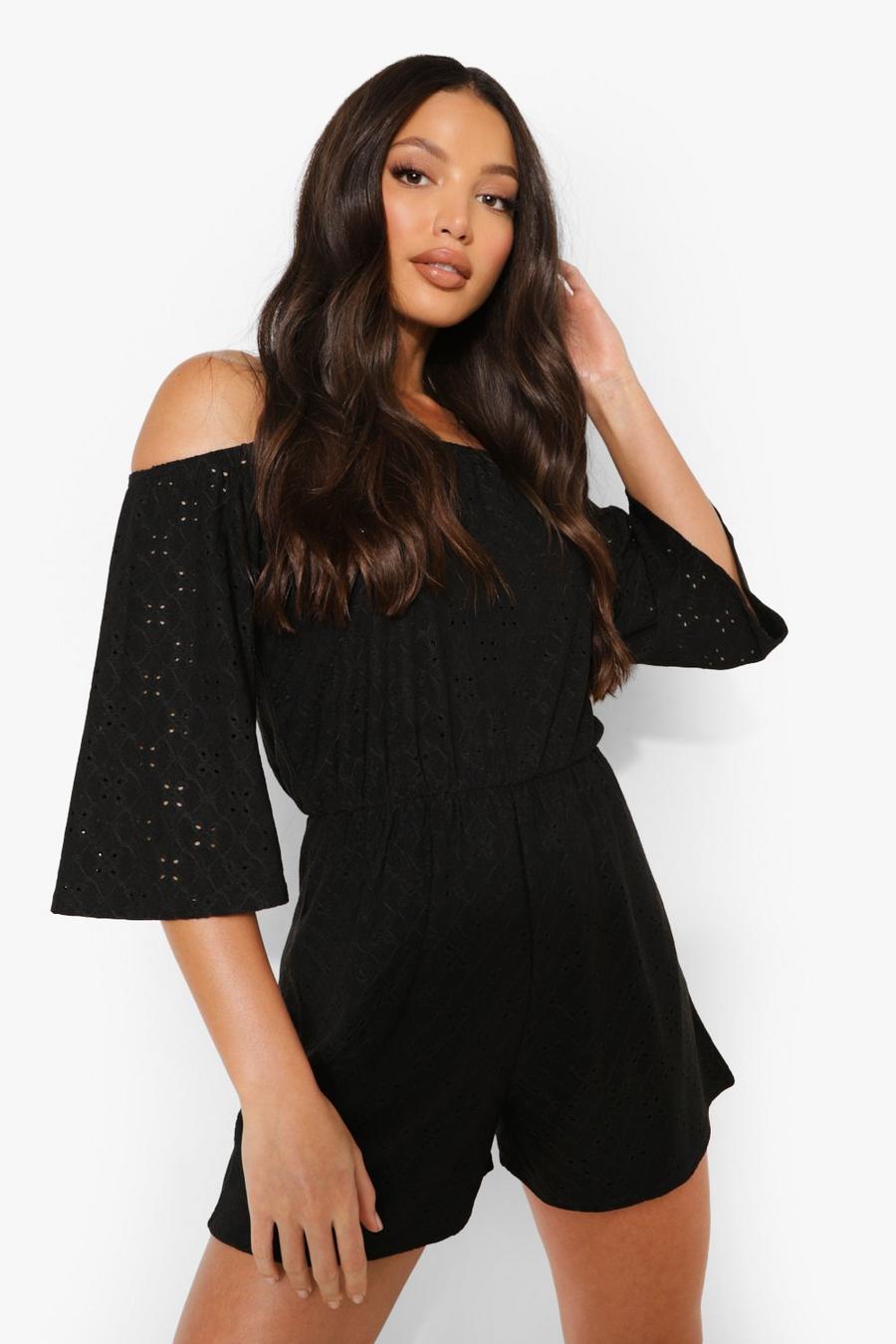 Black Tall Broderie Off The Shoulder Playsuit