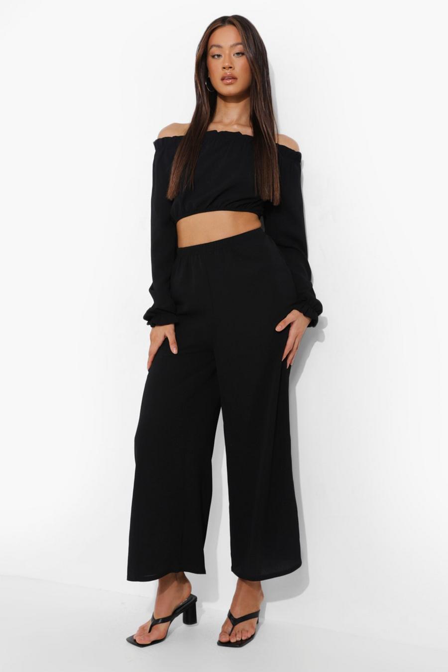 Black Tall Bardot Ruffle Detail Culotte Co-Ord  image number 1