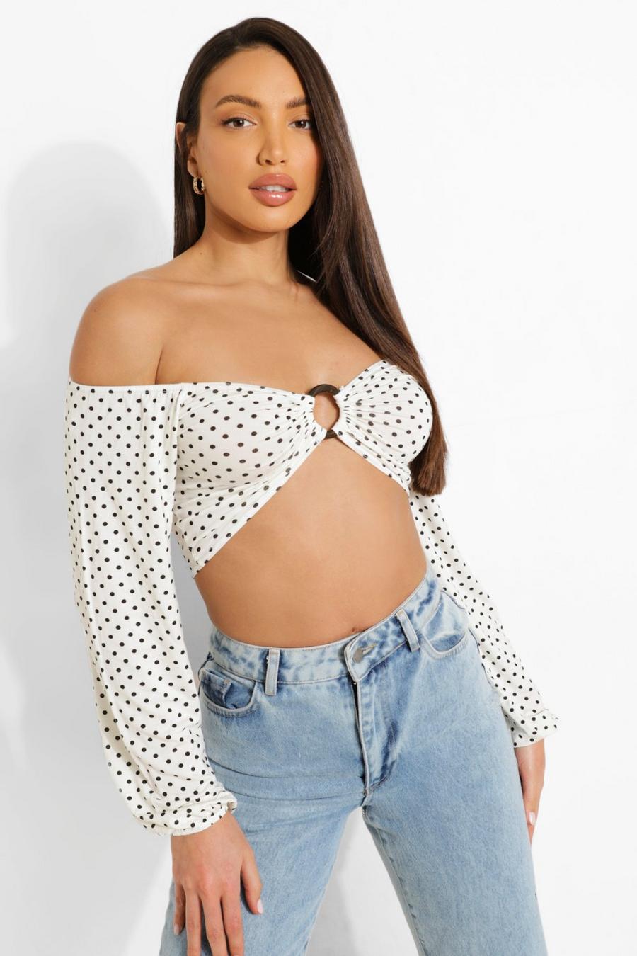 White Tall O Ring Polka Dot Off The Shoulder Top image number 1
