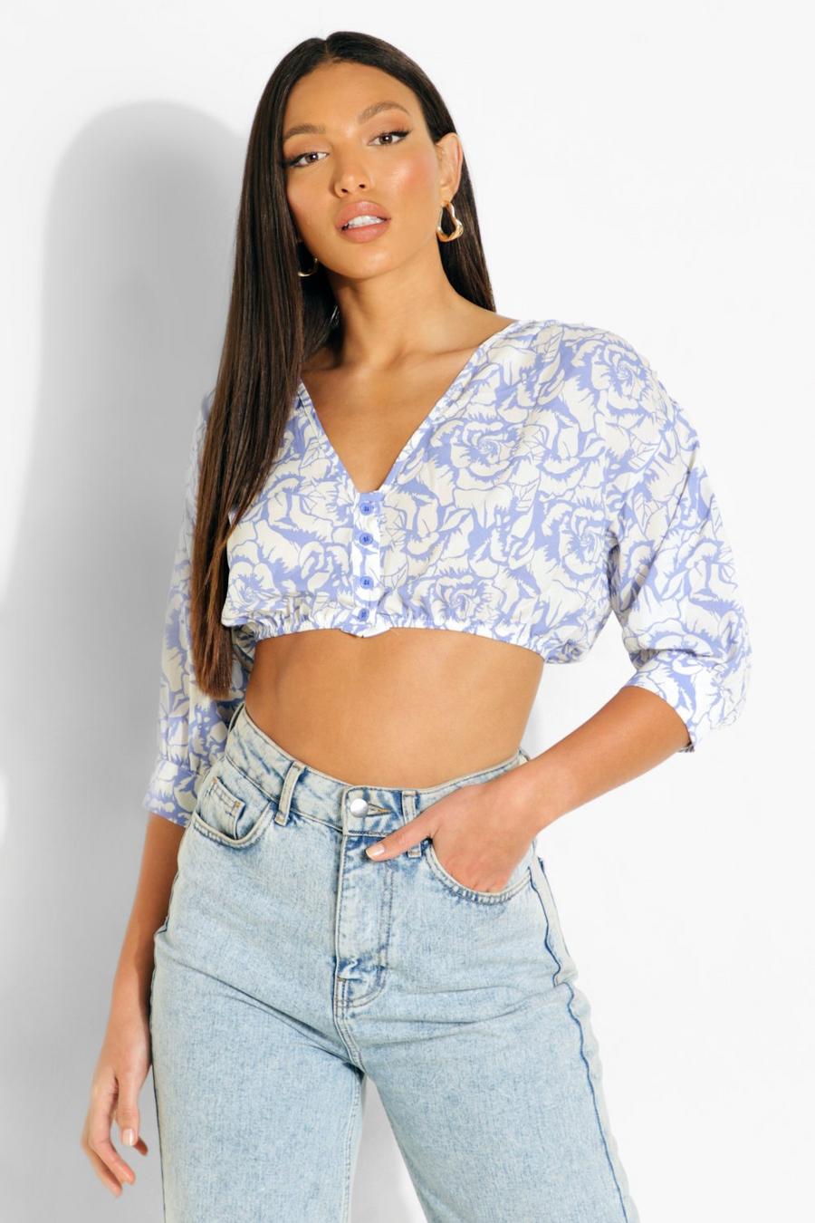 White Tall Button Front Puff Sleeve Crop Top image number 1
