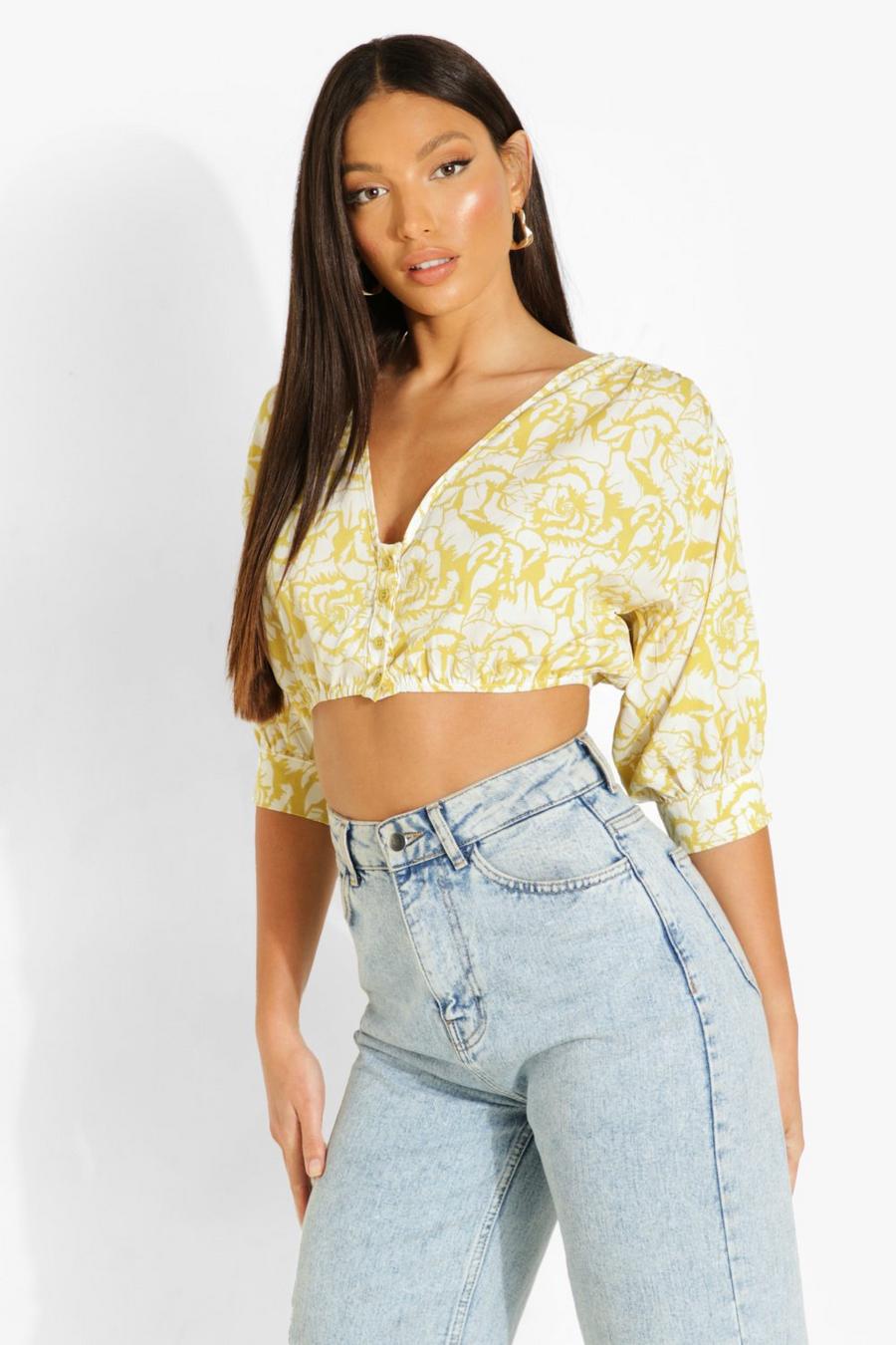 Yellow Tall Button Front Puff Sleeve Crop Top image number 1