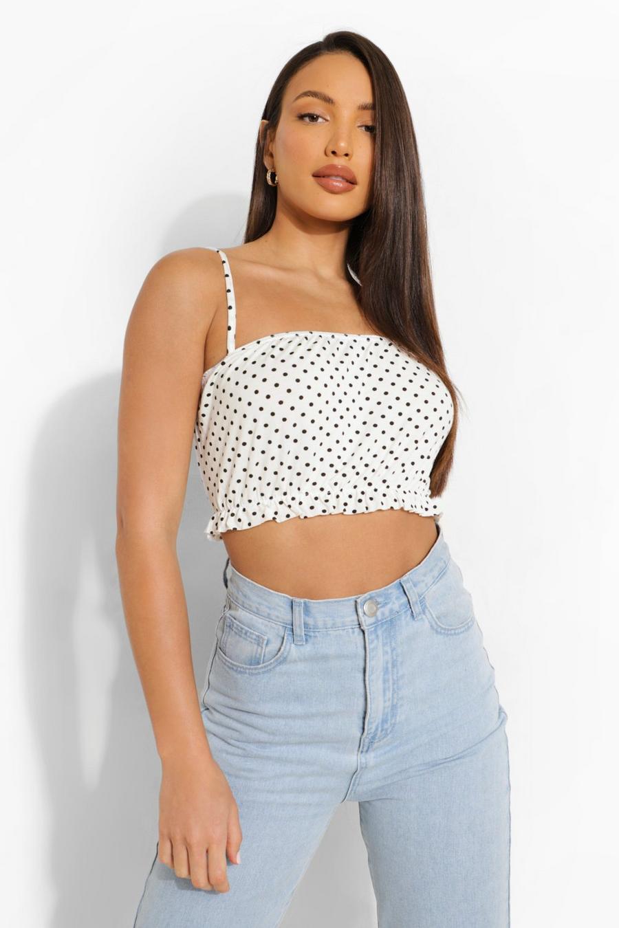 White Tall Frill Hem Strappy Crop Top image number 1
