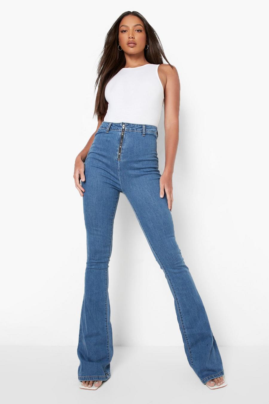 כחול ביניים ג'ינס סקיני נמתח מתרחב עם רוכסן בחזית לנשים גבוהות image number 1