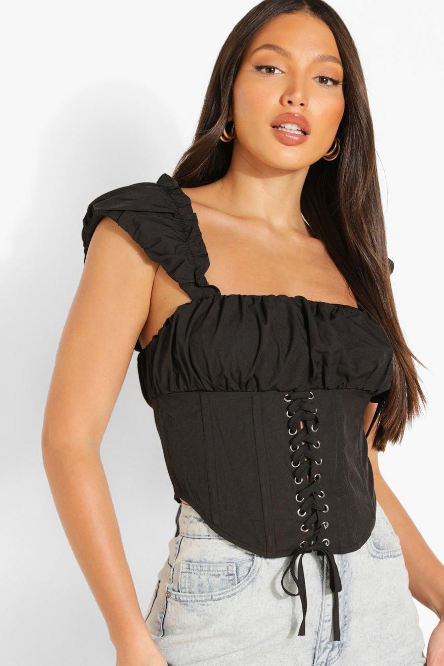 Black Tall Lace Up Puff Sleeve Corset Top image number 1