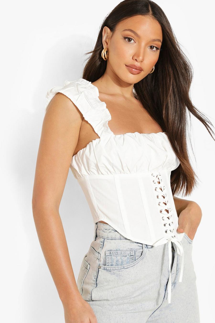 White Tall Lace Up Puff Sleeve Corset Top image number 1