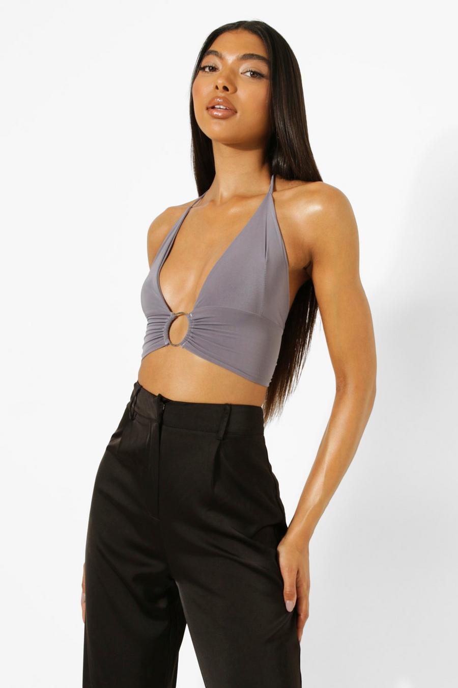Charcoal Tall Plunge Halter Neck O Ring Crop Top image number 1