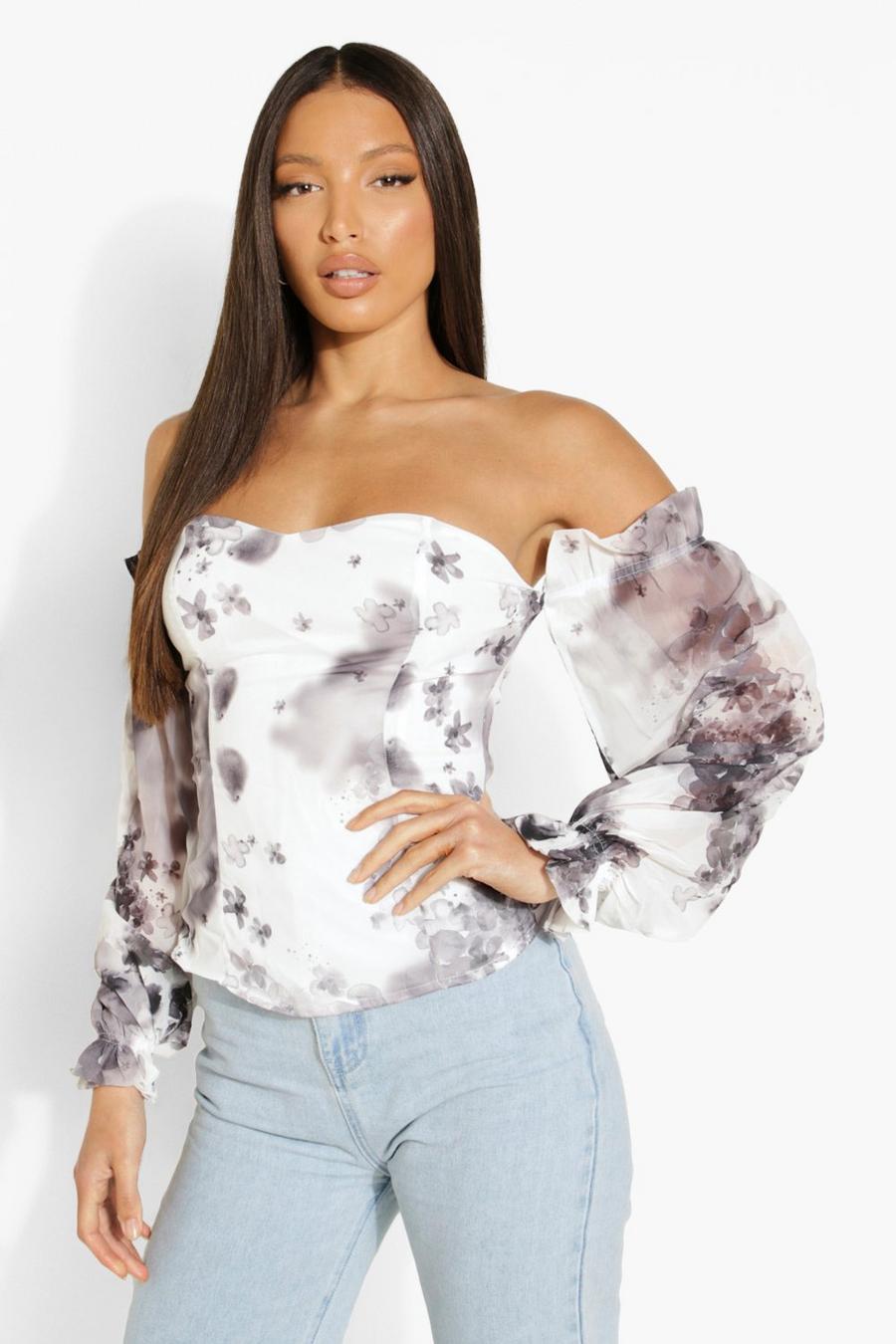 White Tall Off The Shoulder Volume Sleeve Corset Top image number 1