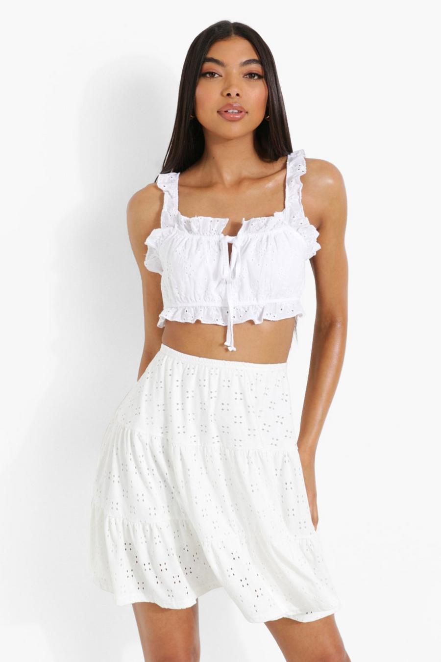 White Tall Broderie Tiered Skater Skirt image number 1