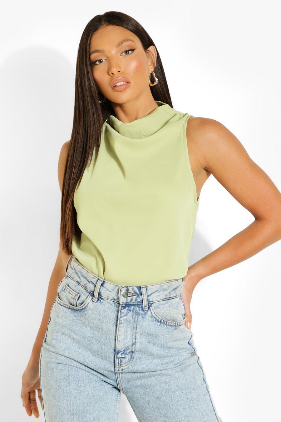 Chartreuse Tall Cowl Neck Sleeveless Blouse image number 1