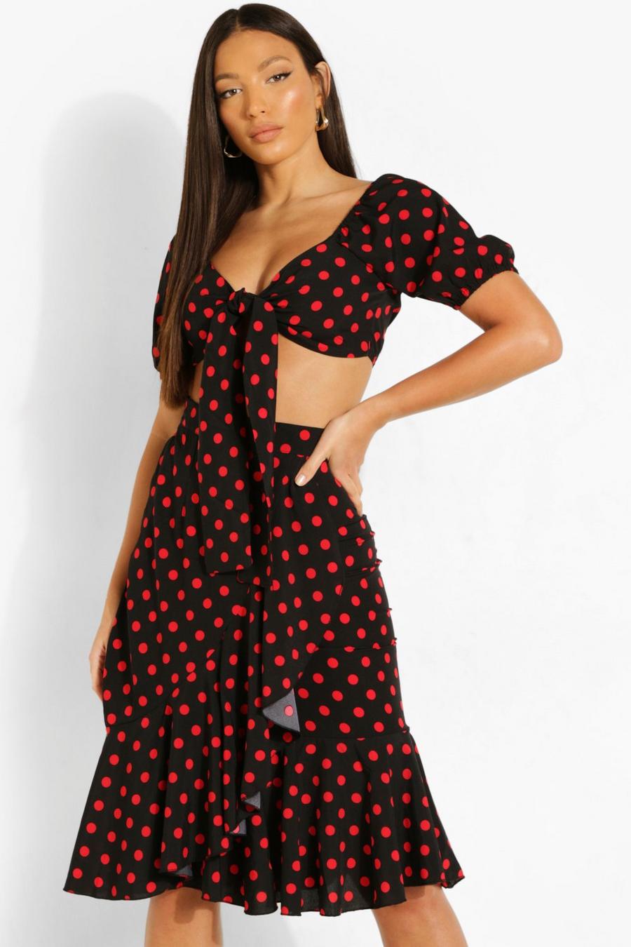Black Tall Polka Dot Frill Skirt And Crop Top image number 1