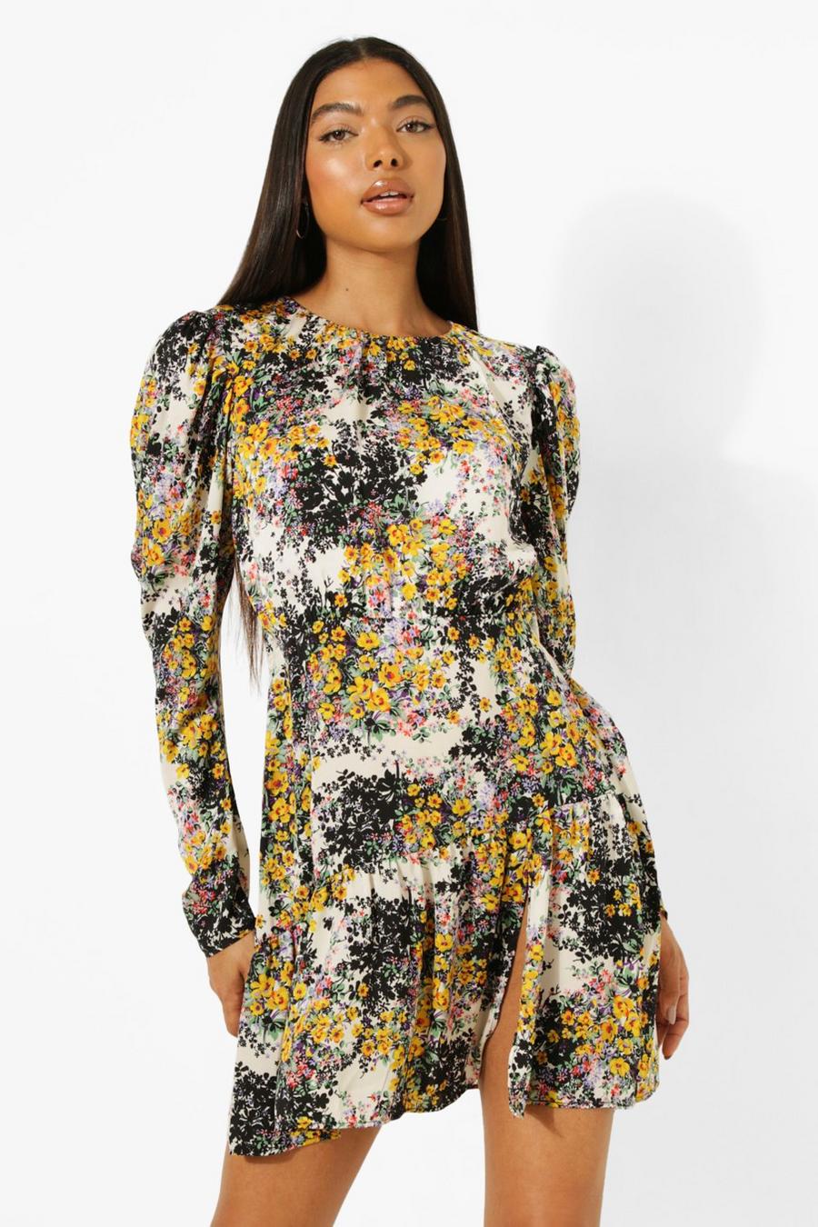 Yellow Tall Puff Sleeve Floral Mini Dress image number 1