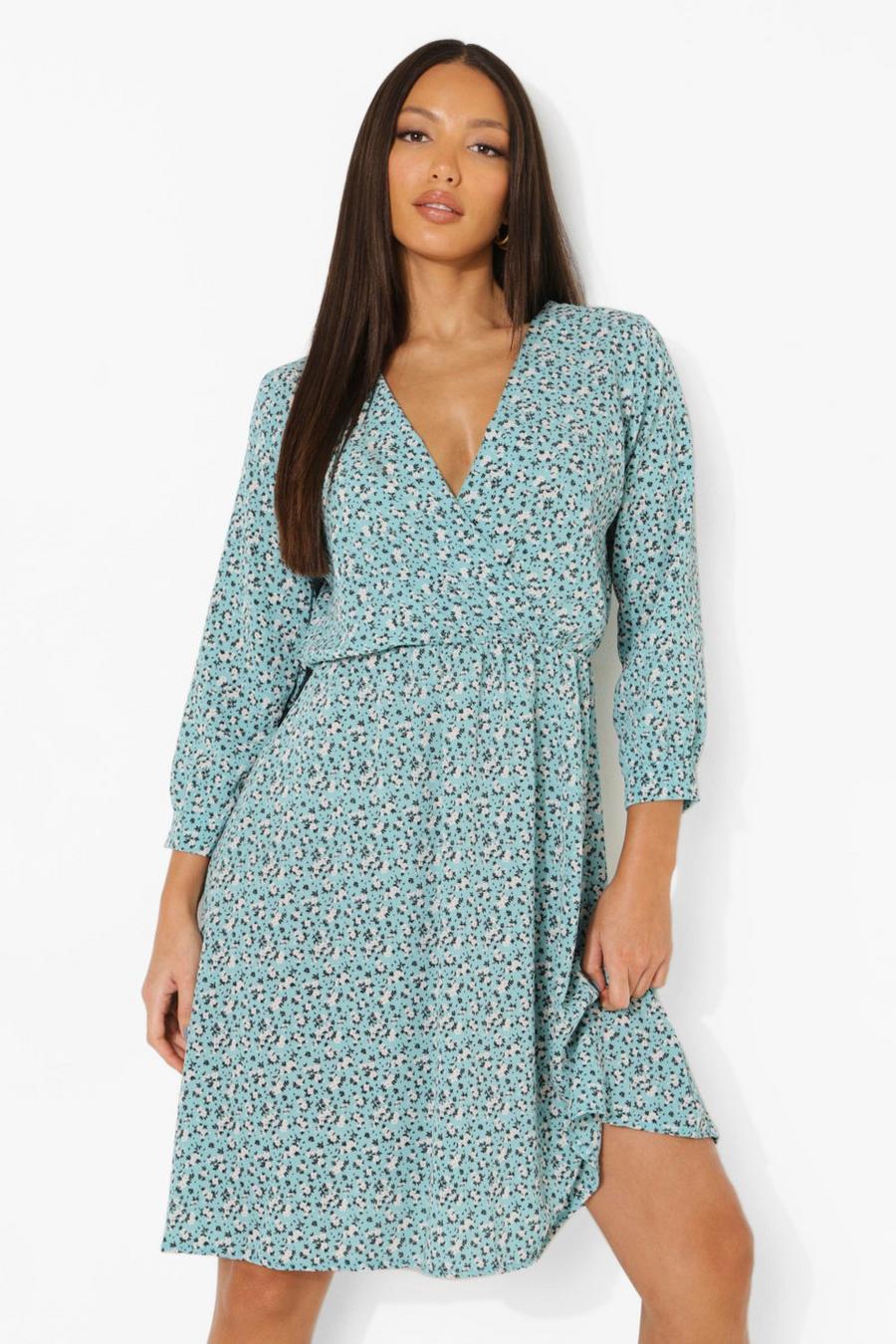 Blue Tall Floral Print Wrap Dress image number 1