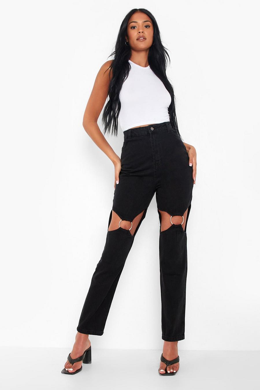 Jeans Tall stile Mom con cut-out e anello, Black nero