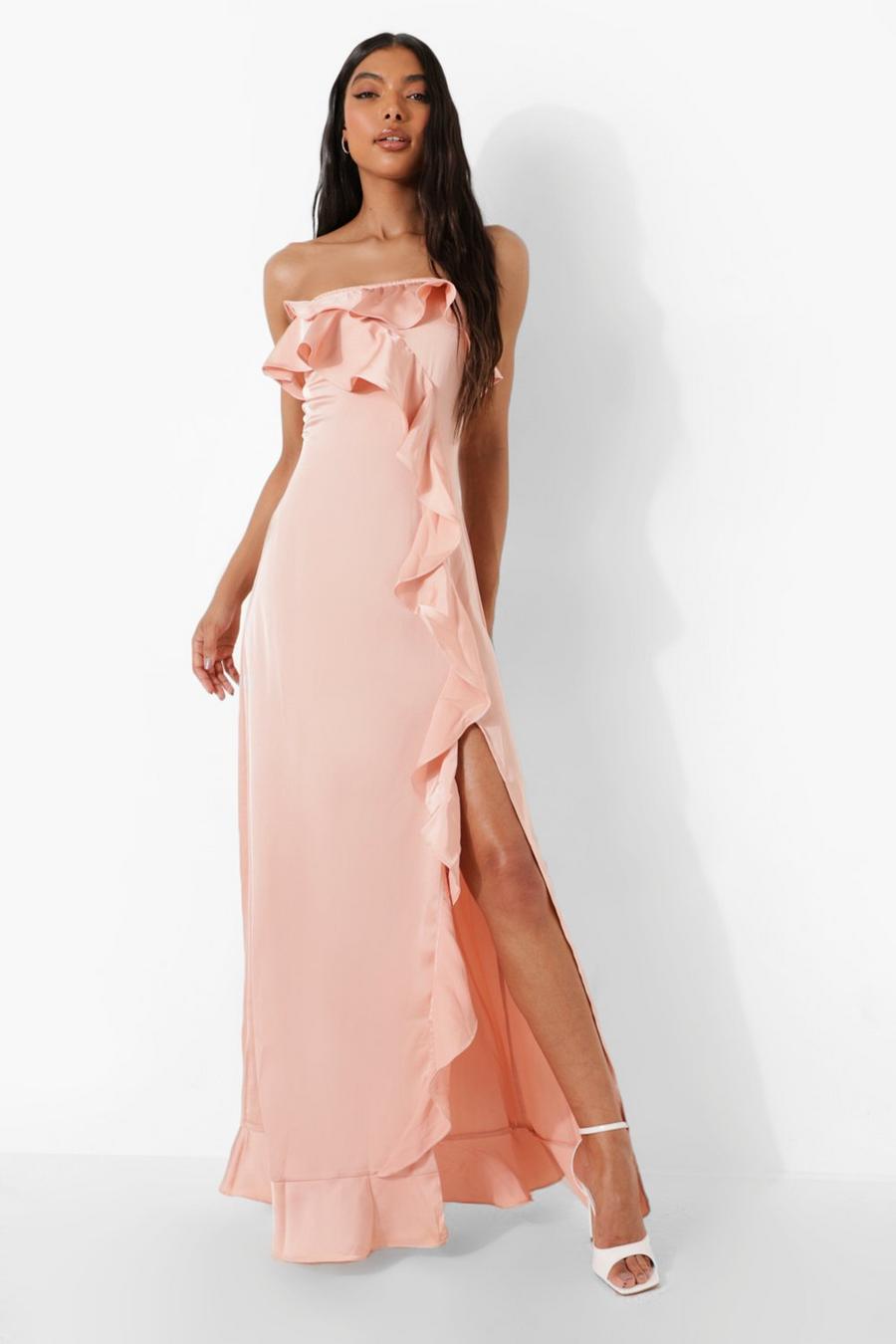 Pale pink Tall Bandeau Ruffle Detail Satin Maxi Dress image number 1