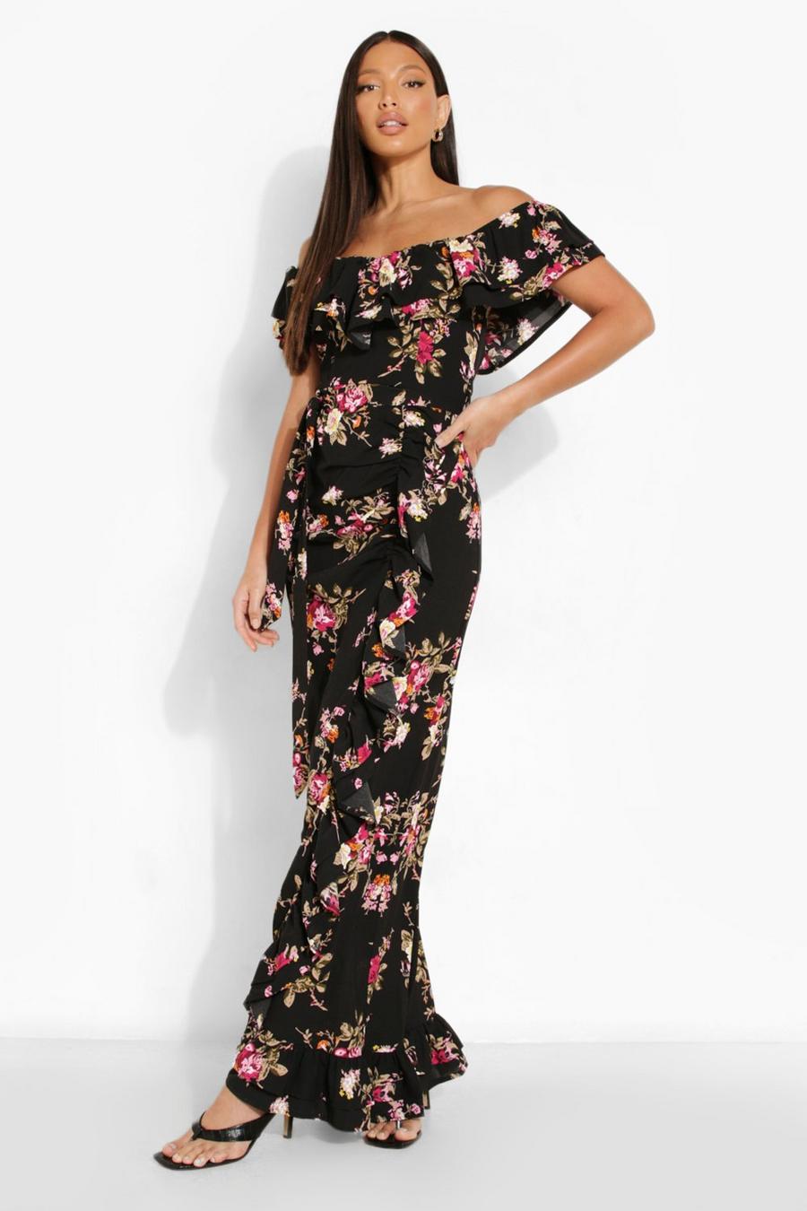 Black Tall Off The Shoulder Ruched Ruffle Floral Maxi Dress image number 1